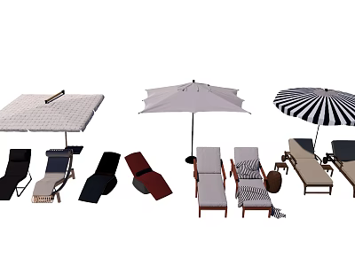 Stylish Lounge Chairs With Different Colors And Sun Umbrellas For Outdoor Use 3d model