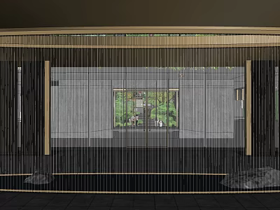 Residential Landscape View Through Window With Gold Frame Vertical Line Decor And Gray Walls 3d model
