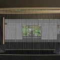 Residential Landscape View Through Window With Gold Frame Vertical Line Decor And Gray Walls