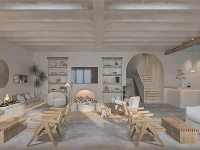 Cozy Hotel Public Lounge Area With Wooden Furniture Fireplace Arched Staircase Green Plants And Bookshelves 3d model