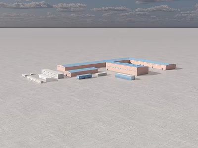Industrial Factory Complex with Multiple Buildings Blue Roofs Pink Walls and Industrial Site Layout 3d model