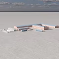 Industrial Factory Complex with Multiple Buildings Blue Roofs Pink Walls and Industrial Site Layout