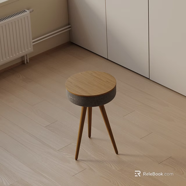 Round Wooden Side Table With Gray Decorative Band And Three Wooden Legs On Light Floor 3d model 