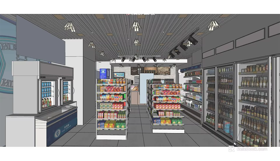 Supermarket Department Store Interior With Shelves Refrigerated Cases And Product Displays 3d model 