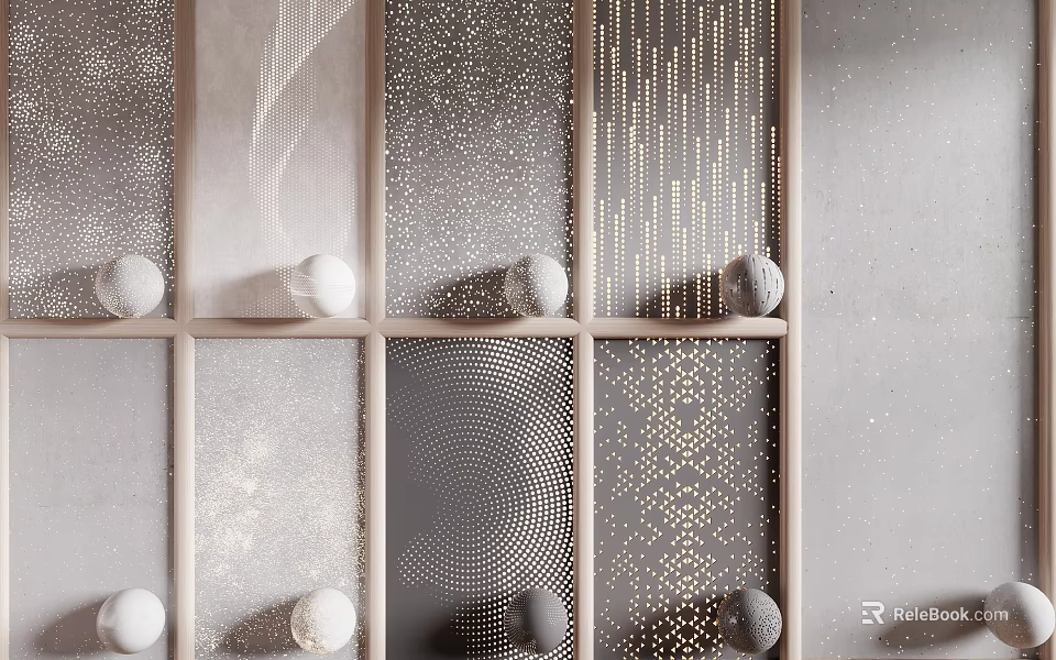 Modern Room Divider Design With Geometric Dot Line Patterns And Gold Gray Grid Panels 3d model 