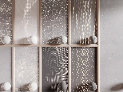 Modern Room Divider Design With Geometric Dot Line Patterns And Gold Gray Grid Panels 3d model