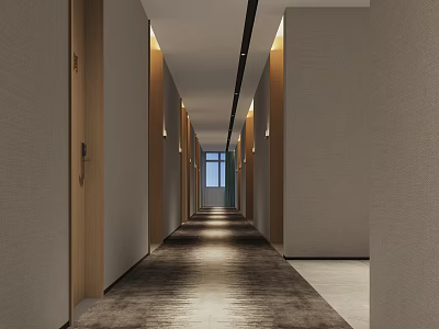 Hotel Corridor with Light Colored Walls Wooden Doors Carpeted Floor and Warm Lighting 3d model