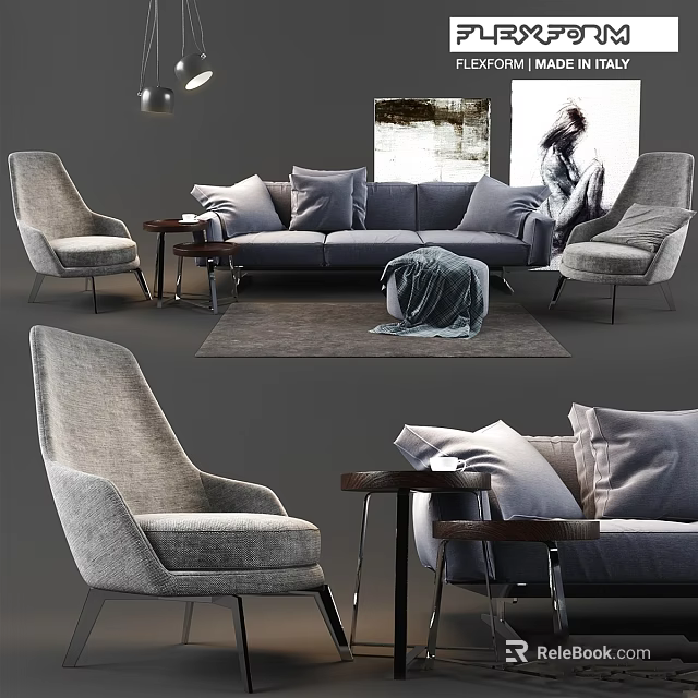 Modern Living Room With Gray Sofa Armchairs Side Tables Rug And Decorative Painting 3d model 