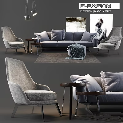 Modern Living Room With Gray Sofa Armchairs Side Tables Rug And Decorative Painting 3d model