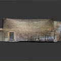 Cartoon Scene of Stone Room with Archway Old Cannon Cart Wooden Ladder and Barrel