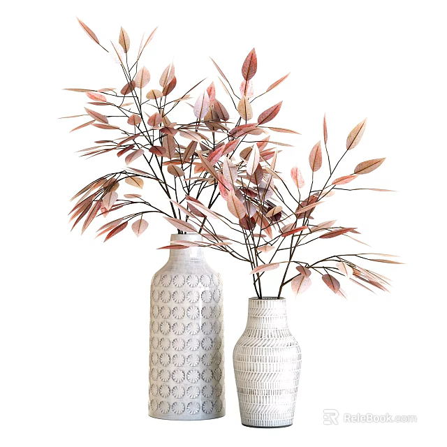 White Textured Vases With Pink And Brown Leaves And Branches For Decor 3d model 