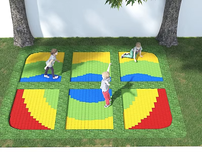 Outdoor Children's Play Area With Colorful Geometric Mats And Kids Playing On Grass 3d model