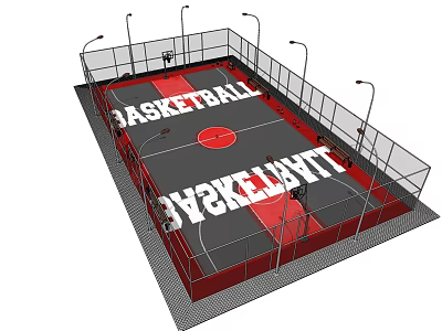Modern Basketball Court Design With Basketball Lettering Fencing And Lighting Poles 3d model