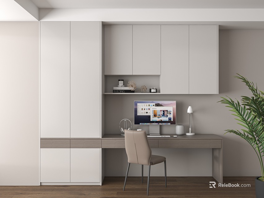 Modern Minimalist Bookcase Design In Study Room With Desk Computer Lamp And Green Plant 3d model 