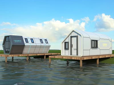 Modern Waterfront Guesthouse Buildings On Wooden Platforms With Blue Sky And White Clouds 3d model