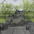 Scenic Park Landscape With Stone Pathway Large Rocks Illuminated Lanterns Green Trees And People Walking