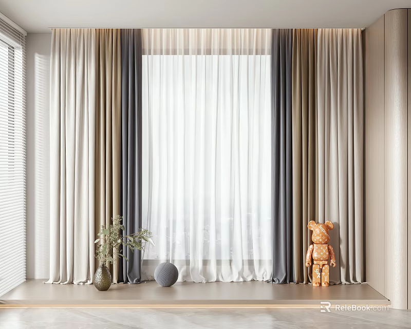 Layered Neutral Toned Curtains for Modern Interior Window with Plant Sphere and Teddy Bear 3d model 