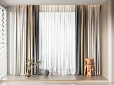 Layered Neutral Toned Curtains for Modern Interior Window with Plant Sphere and Teddy Bear 3d model