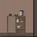Wooden Cabinet with Wicker Door Holding Kettle Green Apples and Bowls by Green Plant
