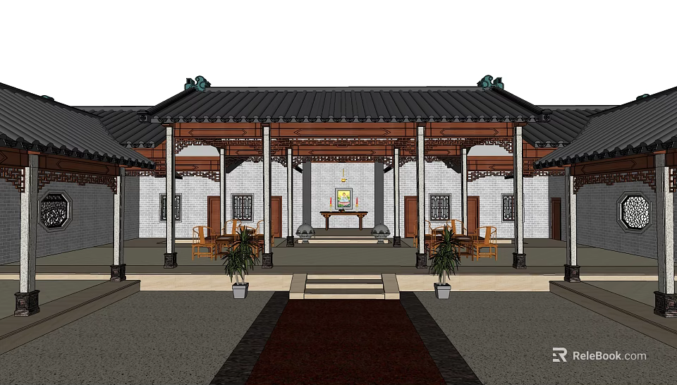 Ancient Chinese Architecture Courtyard With Traditional Eaves Pillars And Plants 3d model 