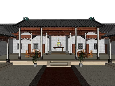 Ancient Chinese Architecture Courtyard With Traditional Eaves Pillars And Plants 3d model