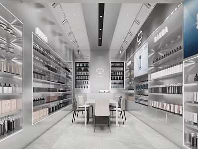 Modern Beauty Store Interior With Shelves Organized Products And Tables Chairs 3d model