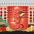 Spring Festival Decoration With Red Background Lanterns Crane And Auspicious Clouds 3d model