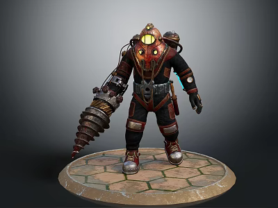 Game Character Standing In Mechanical Armor With Helmet Light Large Drill And Stone Slab Base 3d model