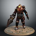 Game Character Standing In Mechanical Armor With Helmet Light Large Drill And Stone Slab Base