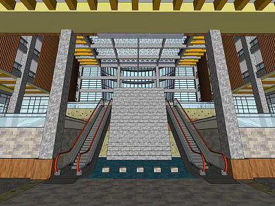 Front Reception Desk in Modern Lobby with Central Staircase Glass Ceiling and Yellow Accents 3d model