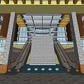 Front Reception Desk in Modern Lobby with Central Staircase Glass Ceiling and Yellow Accents