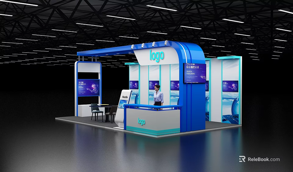 Blue And White Exhibition Booth Setup With Logo Staff Digital Screens And Tables Chairs 3d model 