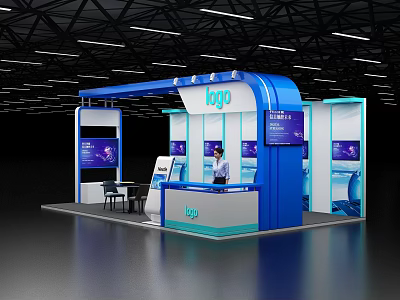Blue And White Exhibition Booth Setup With Logo Staff Digital Screens And Tables Chairs 3d model