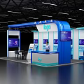Blue And White Exhibition Booth Setup With Logo Staff Digital Screens And Tables Chairs