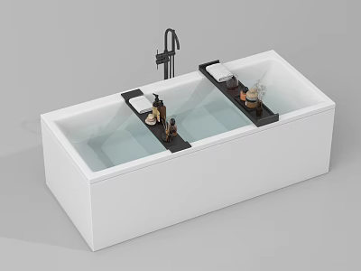Sleek Modern Freestanding White Bathtub With Black Faucet And Wooden Trays Holding Bath Accessories 3d model