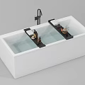 Sleek Modern Freestanding White Bathtub With Black Faucet And Wooden Trays Holding Bath Accessories