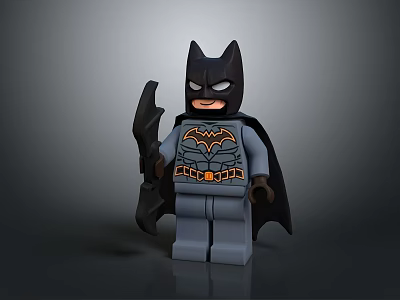 Detailed Lego Batman Minifigure With Bat Symbol Costume Gray Cape And Batarang 3d model