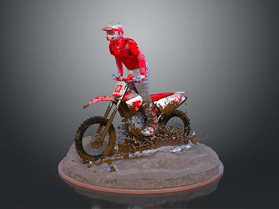 Game Movie Character in Red Outfit Riding Motocross Bike on Muddy Terrain 3d model