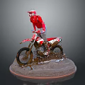 Game Movie Character in Red Outfit Riding Motocross Bike on Muddy Terrain
