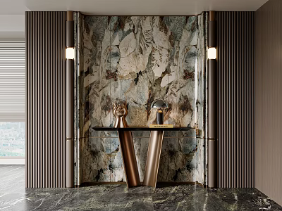 Modern Entryway Design with Marble Wall Vertical Striped Panels and Black Console Table 3d model