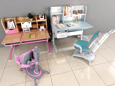 Modern Study Desks with Bookshelves Chairs Stationery and Small Plant 3d model