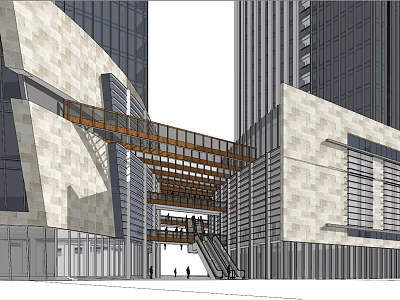 Modern Office Building Exterior With Glass Curtain Walls Sky Bridge And Stone Facade 3d model