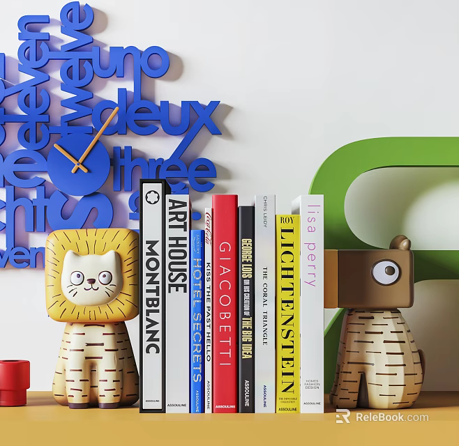 Decorative Ornament Set With Wall Letter Decor Lion Cat Figurines And Books 3d model 