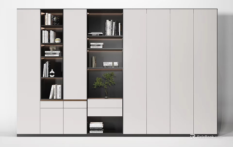 Modern Stylish Decorative Cabinet With Open Shelves Closed Cabinets Books And Green Plant 3d model 
