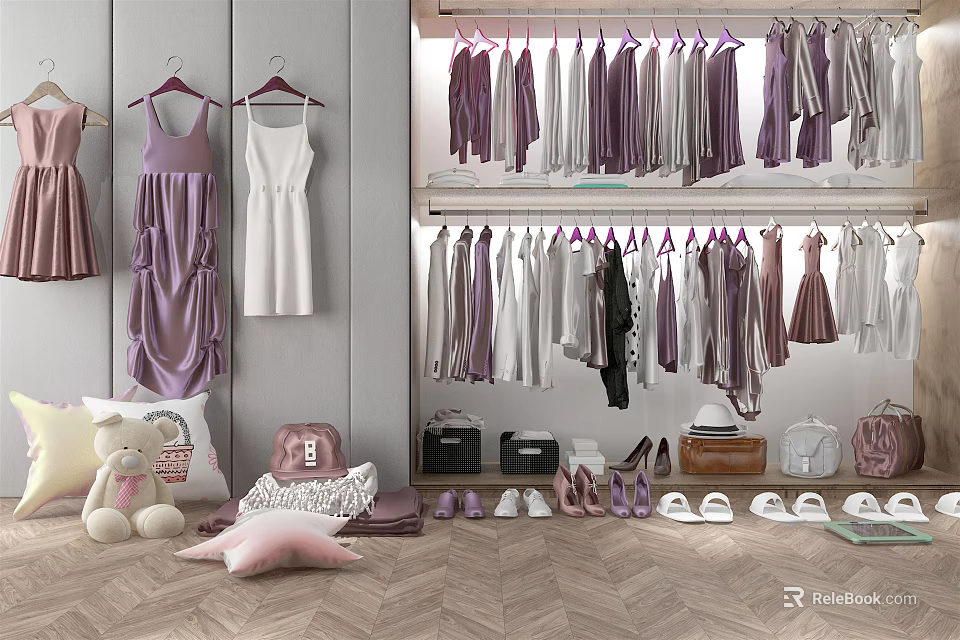 Organized Wardrobe Interior With Hanging Purple White Gray Clothes Shoes Bags And Herringbone Floor 3d model 