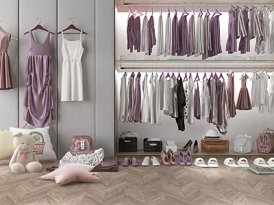 Organized Wardrobe Interior With Hanging Purple White Gray Clothes Shoes Bags And Herringbone Floor 3d model