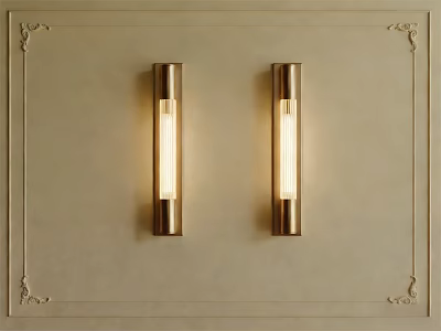 Gold Cylindrical Wall Lamps Mounted on Beige Wall With Decorative Frame Lighting 3d model