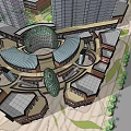Modern Commercial Street With Glass Facades Pedestrian Walkways And Green Landscaping