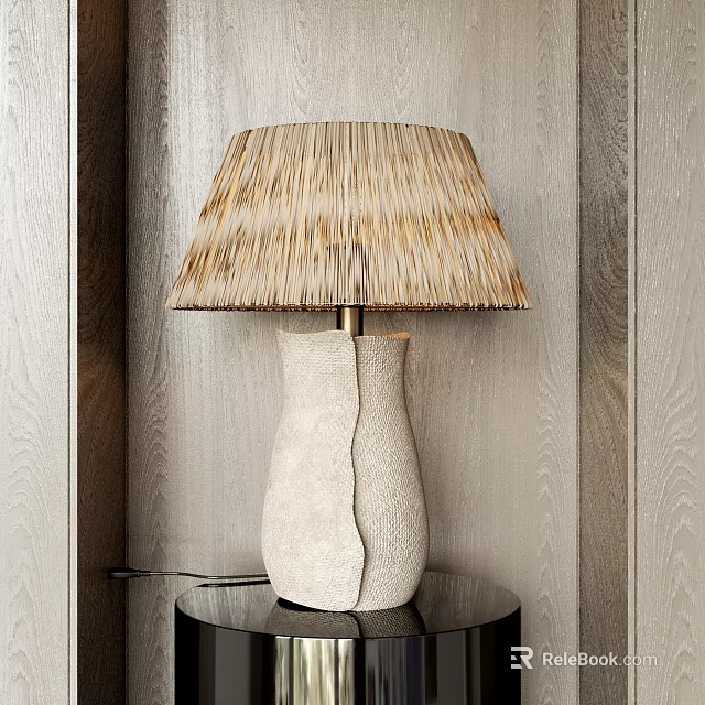 Natural Straw Shade Table Lamp With Textured Beige Base On Wooden Wall Background 3d model 