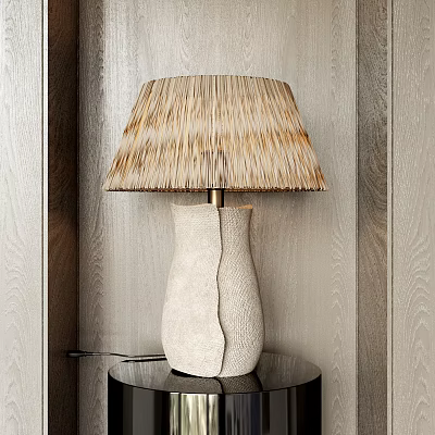Natural Straw Shade Table Lamp With Textured Beige Base On Wooden Wall Background 3d model